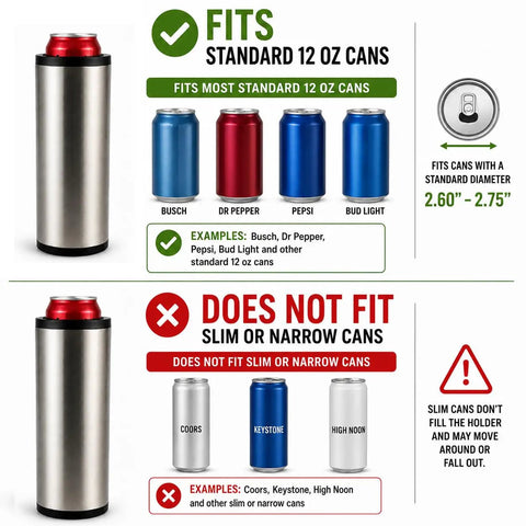 Double Wall Vacuum Insulated Stainless Steel Can Cooler Holding Two Standard Twelve Oz Beer And Soda Cans Keeps Your Drinks Ice Cold Four Plus Hours Always Keep It Chill fits standard 12 oz cans with examples.