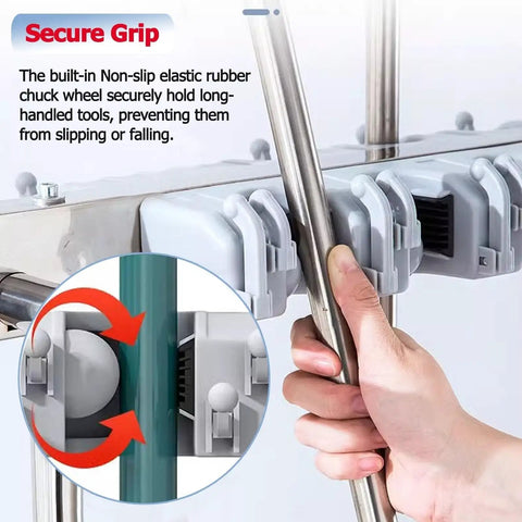 Close-up of Rolling Mop And Broom Cart With Industrial Steel Build showing secure grip holders for long handles.