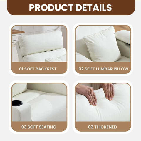 Electric Swivel Nursing Rocker With Adjustable Armrests And Headrest details: soft backrest, lumbar pillow, seating, beige.