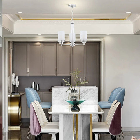 Dining area with Three Light Fashion Kitchen Island Chandelier With Frosted Glass Shades And Hollow Metal Shade, Brushed Nickel Finish