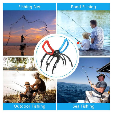 3 Claw Fish Gripper With No Slip Grip shown in various fishing settings, highlighting multifunctional use and durable ABS and metal build