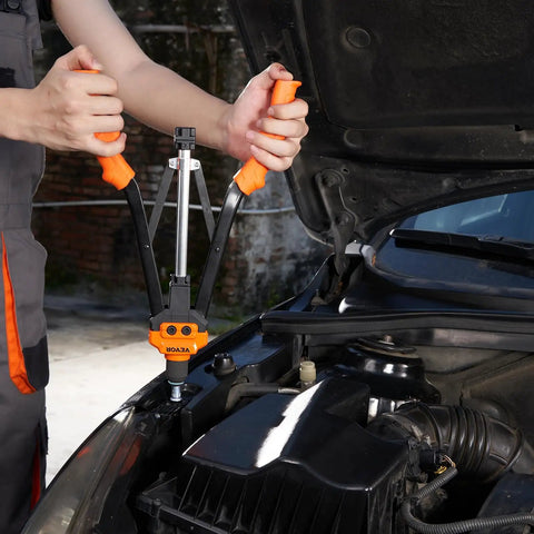 User utilizing 16 Inch Rivet Nut Tool Kit With 13 Mandrels And 186 Rivet Nuts In Metric And SAE Sizes in car engine bay.