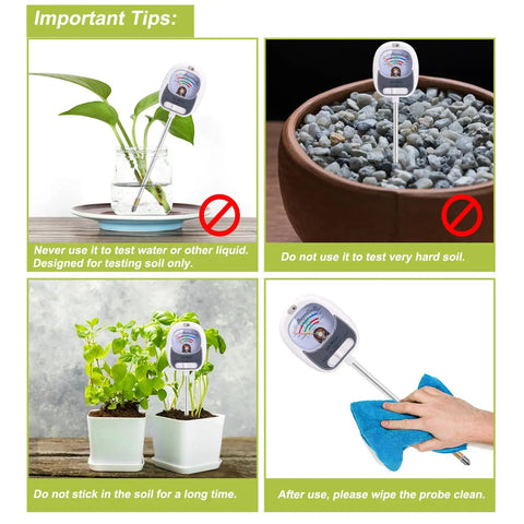 4 In 1 Soil Test Kit With Moisture Meter PH Meter Fertility And Sunlight Meter showing usage tips and care instructions