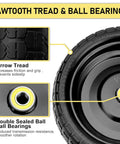 Close-up of 13 Inch Flat Free Wheel Set With 5/8 Inch Bearings And 2.17 Inch Offset Hub, showing sawtooth tread and ball bearings.