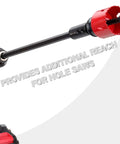 Hole saw extension with red cutting head and black hex‑shank rod for drills