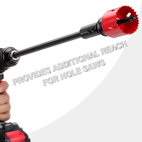Hole saw extension with red cutting head and black hex‑shank rod for drills