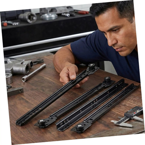Two Sets Soft Close Bottom Mount Drawer Slides, Heavy Duty Iron Rails, Quiet Smooth Sliding Hardware For Kitchen Cabinets, Dressers, And Furniture, Easy Installation, Durable Metal Drawer Slides Replacement being inspected on a workbench