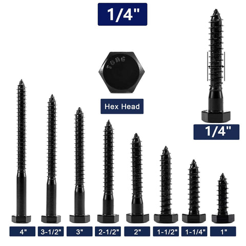 Durable One Quarter Inch By Two Inch Lag Screws Set Twenty Pieces Hex Head Wood Bolts Black Oxide Made From 304 Stainless Steel Eighteen Eight Grade With Partial Thread For Solid Fastenings Ideal For Decks Fences Sheds And Outdoor Wood Projects SG TZH displayed in various sizes with hex head view.