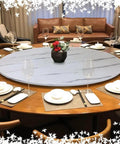 Rotating Lazy Susan Serving Tray 80cm Wooden Round Centerpiece on dining table with dishware and centerpiece