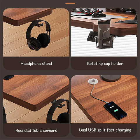 Adjustable Standing Desk With Three Memory Presets Smooth Operator Height Glide Ergonomic Sit Stand Office Table features headphone stand, rotating cup holder, USB fast charging.