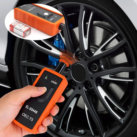 TPMS Relearn Tool For Cars And Trucks, Tire Pressure Monitor Sensor Activation And Reset Programmer For Chevrolet Cadillac Buick And Most Models 2006 To 2024, Easy Plug In Orange held by hand near wheel
