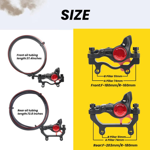 Hycline e-bike hydraulic disc brake set; 2-piston calipers with 180mm rotors; front hose 37.4in, rear 72.8in