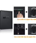 Heavy Duty Home Safe With Digital Keypad Lock Box For Documents Cash Jewelry And Valuables 1.8 Cubic Feet Black Finish Secure Storage For Home Or Office, showing keypad and override key operation.