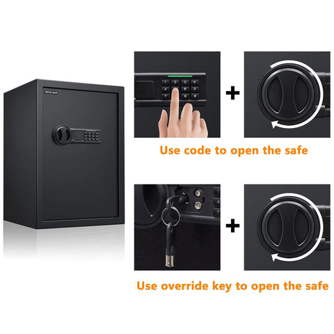 Heavy Duty Home Safe With Digital Keypad Lock Box For Documents Cash Jewelry And Valuables 1.8 Cubic Feet Black Finish Secure Storage For Home Or Office, showing keypad and override key operation.