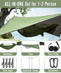 Durable outdoor camping hammock with mosquito net and rain fly, shown as an all-in-one set for 1-2 person use by a lake.