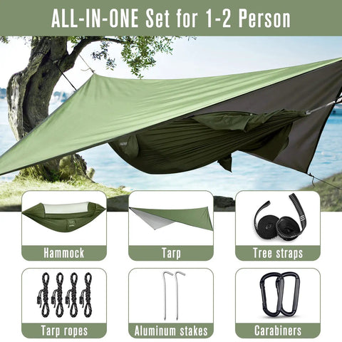 Durable outdoor camping hammock with mosquito net and rain fly, shown as an all-in-one set for 1-2 person use by a lake.