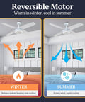 Memphis 52 Inch Contemporary Indoor Led Ceiling Fan With Light And Pull Chain Dual Mounting Options Four Dual Finish Blades Reversible Motor Energy Efficient Led Bright White Finish For Living Room And Bedroom showing winter and summer airflow directions.