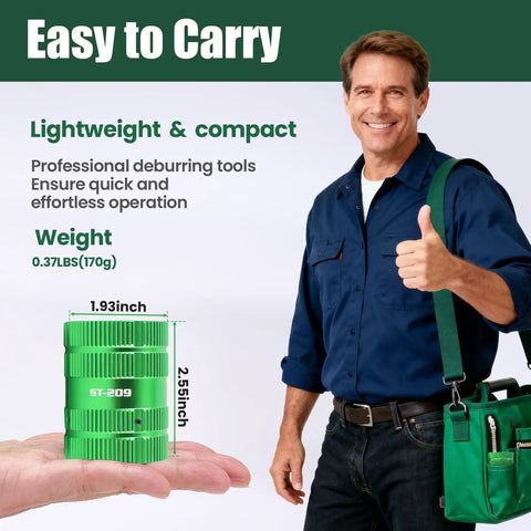 Man holding Beefy 4 Blade Pipe Reamer Tool For Deburring Inner And Outer Edges, highlighting compact size and ease of use.