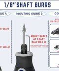 Infographic of 1/8 inch shaft carbide rotary burr set; Dremel-compatible with 2 collets and mounting guides.