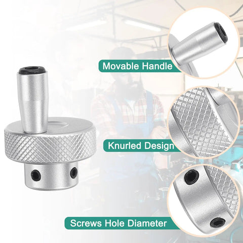 Aluminum Alloy Lathe Hand Wheel 30mm OD With 4mm Bore, Rotating Handle Milling Machine Hand Crank, Durable Aluminum Milling Accessory With Wrench And Two Screws For Secure Fixation, Silver Tone, featuring knurled design, movable handle, and screw holes.