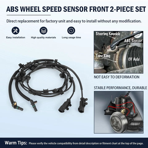 Two front ABS wheel speed sensors with wiring harnesses for Jeep Wrangler/Gladiator, black sensors and connectors.