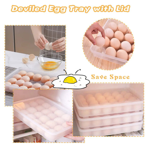 Clear 24 Egg Tray With Lid 4 Pack Deviled Egg Holder Organizer for Fridge Plastic Egg Storage Container in use and stacked