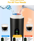 Kickstart Your Journey With This Grab And Go Portable Espresso Machine Featuring Smart Led Display And 20 Bar Battery Powered Coffee Maker To Smash Cravings On The Trail Or At Home, showing water input and espresso extraction settings.