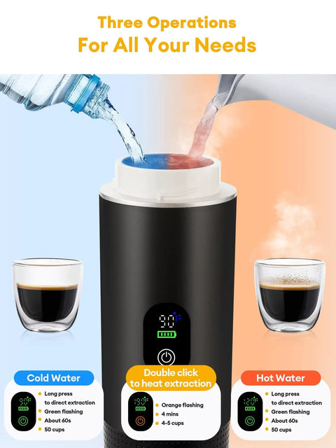 Kickstart Your Journey With This Grab And Go Portable Espresso Machine Featuring Smart Led Display And 20 Bar Battery Powered Coffee Maker To Smash Cravings On The Trail Or At Home, showing water input and espresso extraction settings.