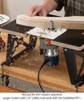 USA Made Portable Benchtop Router Table With Straight Up Precision Fence in use, showcasing wood shaping with router.
