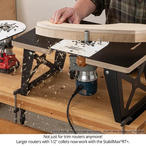 USA Made Portable Benchtop Router Table With Straight Up Precision Fence in use, showcasing wood shaping with router.