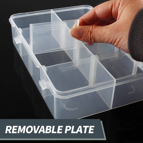 Hand adjusting divider in Eight Grid Plastic Storage Box With Detachable Dividers For Small Parts And Hardware Tools, Clear Durable Hard Case