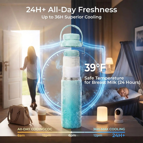 Portable Breast Milk Chiller With Two Bottles Insulated 22 Oz Cooler keeps pumped milk at 39°F for 24 hours in cozy room setting.