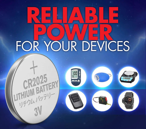 Hella Durable Cr2025 Batteries 24 Count Lithium 3V Coin Cell Button Pack with various compatible devices displayed.