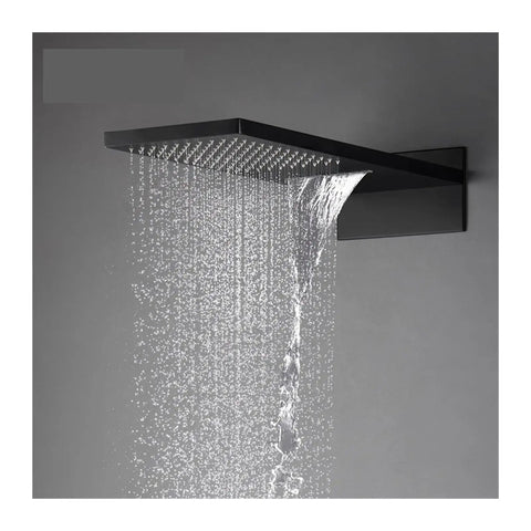 RIBEUJIZS Digital Shower System, Black Bathroom Thermostatic Shower System, overhead black shower head with flowing water.