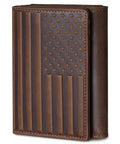 Trifold Leather Wallet For Men RFID Blocking With 12 Card Slots, American Flag Design, Dark Brown, Durable Western Stitching