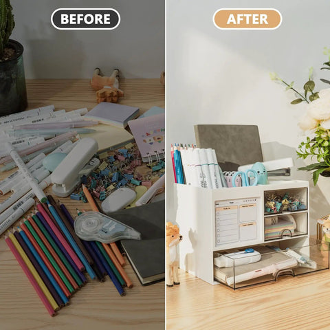 Before and after comparison showcasing a messy desk and a neatly organized desk with the Dope Desk Organizer With 3 Drawers And 8 Compartments