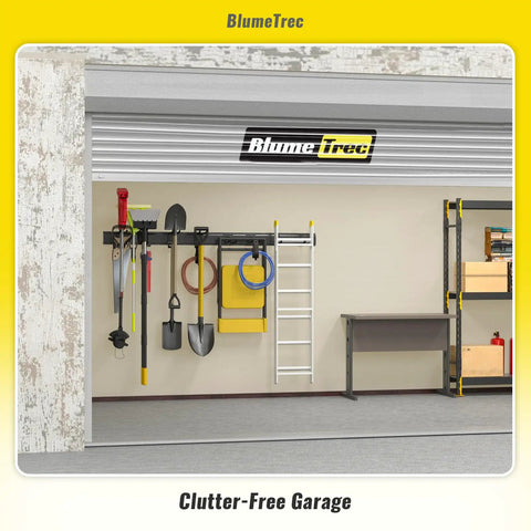 Heavy Duty Wall Mounted Tool Organizer For Garage, 48 Inch Metal Rack with tools and ladder hanging in garage