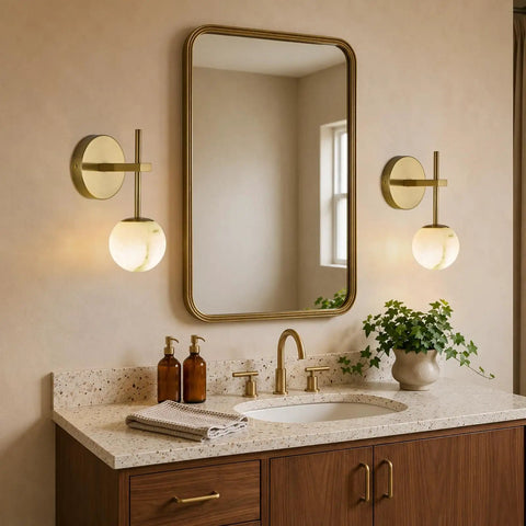 10 in Alabaster Wall Sconces Set of Two, Natural Marble Globe Wall Light, mounted beside a mirror in a bathroom.