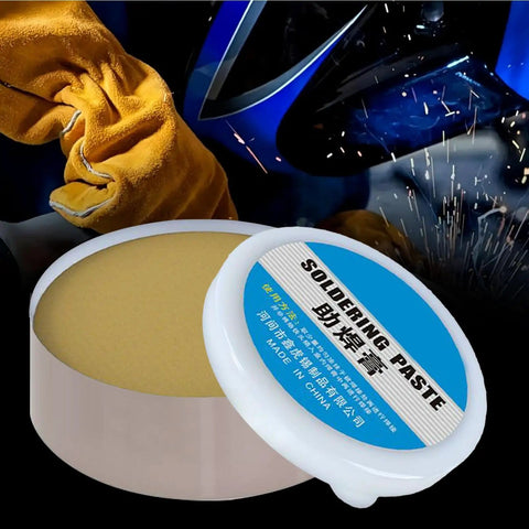 High-Performance Rosin-Style Solder Flux Paste For Electronics Repairs, wetting-boosting flux in 35g container with welding backdrop