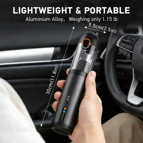 Super Handy 4 In 1 Cordless Car Vacuum With 18000Pa Suction shown in a hand, highlighting lightweight design and compact size.