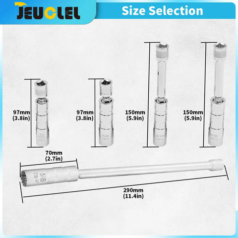Magnetic Swivel Spark Plug Socket Set 3/8 Inch Drive 12 Point With Extension Kit Includes 14mm Four Inch Thin Wall 9/16 Inch Six Inch And 5/8 Inch Ten Inch Extensions For Quick Auto Fixes, size selection chart