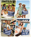 Collage of Large Waterproof Sandproof Beach Tote Bag With Zipper, Family Pool Bag With 40oz Tumbler Pocket, used at beach and pool.