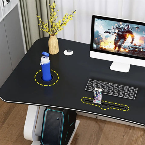 Game Ready Multifunctional Computer Desk With Built In Phone And Drink Slots Curved Gaming Table showcasing drink slot and keyboard on black surface.