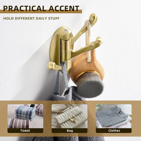 Three Arm Brushed Gold Folding Swivel Towel Hook Space Saving Metal Towel Holder For Bathroom Robe And Coat Also Perfect RV Organizer Screw Mount Smooth Fold Easy Install No Closet Needed showing towel and clothes hanging.
