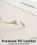 Stylish Scallop Edge Desk Mat Crafted From Smooth Faux Leather Blend With No Sweat Cleanup, showcasing the beige PU leather under a fork.