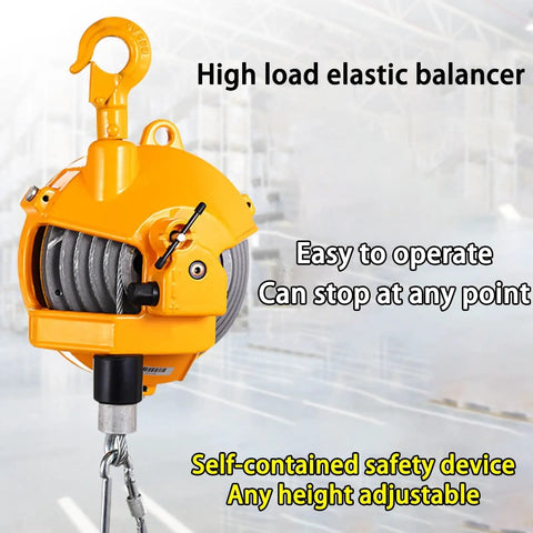 Rock Solid Retractable Spring Balancer Tool Holder Built Like A Tank From Heavy Duty Alloy Steel For Smooth Lifting and Garage Workshop Suspension Handling Up To Fifty Kilos Without Breaking A Sweat, high load elastic balancer in yellow with hook.