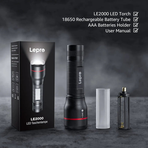 Ultra Bright LED Flashlight With Zoomable Lens 5 Modes beside packaging, AAA battery holder, and battery tube