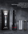 Beastly Bright LED Flashlight With Zoomable Beam And Five Modes High Medium Low SOS And Flash Waterproof Pocket Size displayed with box and accessories