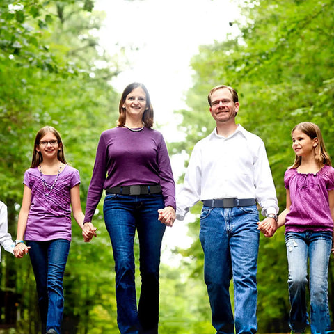 Family walking in forest wearing 6 Pack Nylon Belts For Men And Women With Plastic Buckles, Metal Free Tactical Belts