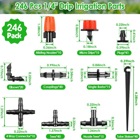 246 Piece 1 Quarter Inch Drip Irrigation Fittings Kit With Barbed Couplings Tees Elbows Crosses End Caps Stakes Nozzles Drippers For Easy DIY Garden Irrigation System Setup components layout